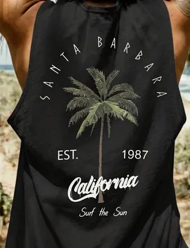 YUNTUO Camiseta sin mangas de estilo de vacaciones de verano para hombres de talla grande, estampado de árbol de coco en la espalda, suelta y transpi - Shein - FashionsVida