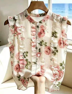Blusa de mujer de gasa negra con lunares, elegante y romántica con volantes en el bajo S - Shein - FashionsVida