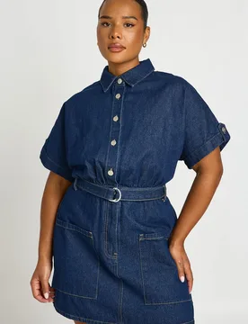Womens Plus Denim Utility Belt Shift Dress - Indigo Blue - Size 24 Uk - Boohoo - FashionsVida