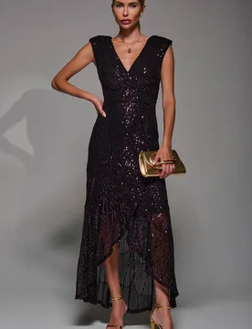 Women's Sequin Asymmetric Ruffle Hem Maxi Dress in Burgundy Size: 12 - Burgundy - Size: 12 - Jolie Moi - FashionsVida
