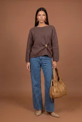 Women's Wool Blend Gold Trim Jumper in Brown Size: Medium - Brown - Size: M