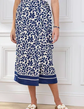 Women's Printed Mock Wrap Linen Blend Midi Skirt in Royal Size: 18 - Royal - Size: 18 - Cotton Traders - FashionsVida