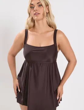 Women's Square Neckline Swim Dress in Chocolate Size: 16 - Chocolate - Size: 16 - Yours - FashionsVida