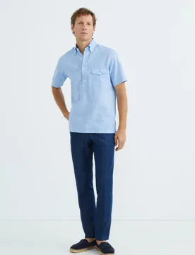 Pantalón hombre chino regular fit satén de algodón strech liso azul marino - Mirto - FashionsVida