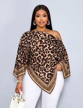 Blusa de talla grande con estampado de leopardo, cuello asimétrico y bajo asimétrico, estilo sexy 2XL - Shein - FashionsVida