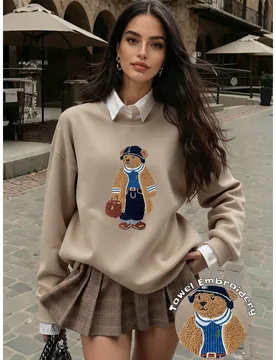 Sudadera casual de cuello redondo con mangas raglán y bordado de oso lindo, color beige, adecuada para otoño/invierno, salir, volver a la escuela, e - Shein - FashionsVida