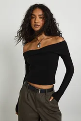 Womens Twist Front Bardot Jumper - Black - Size Medium