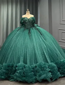 Dark Green Quinceanera Dress Sequins Crystal Decal Lace Ruffles Long tail off-shoulder Bow Vestidos De 15 Quinceanera ﻿Customize - Aliexpress - FashionsVida