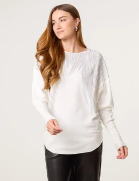 Rhinestone Detailed Jumper - L/XL / IVORY - female - Blue Vanilla - FashionsVida