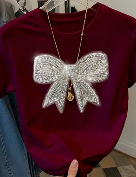 Camiseta de manga corta con cuello redondo, bordado de lentejuelas en forma de lazo, estilo minimalista de moda, regalo para amigos L - Shein - FashionsVida