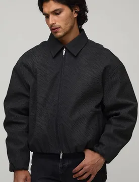 Herren Kastige Harrington-Jacke Aus Strukturiertem PU Mit Zebramuster Und Elastischem Saum Black Größe Large - boohooMAN - FashionsVida