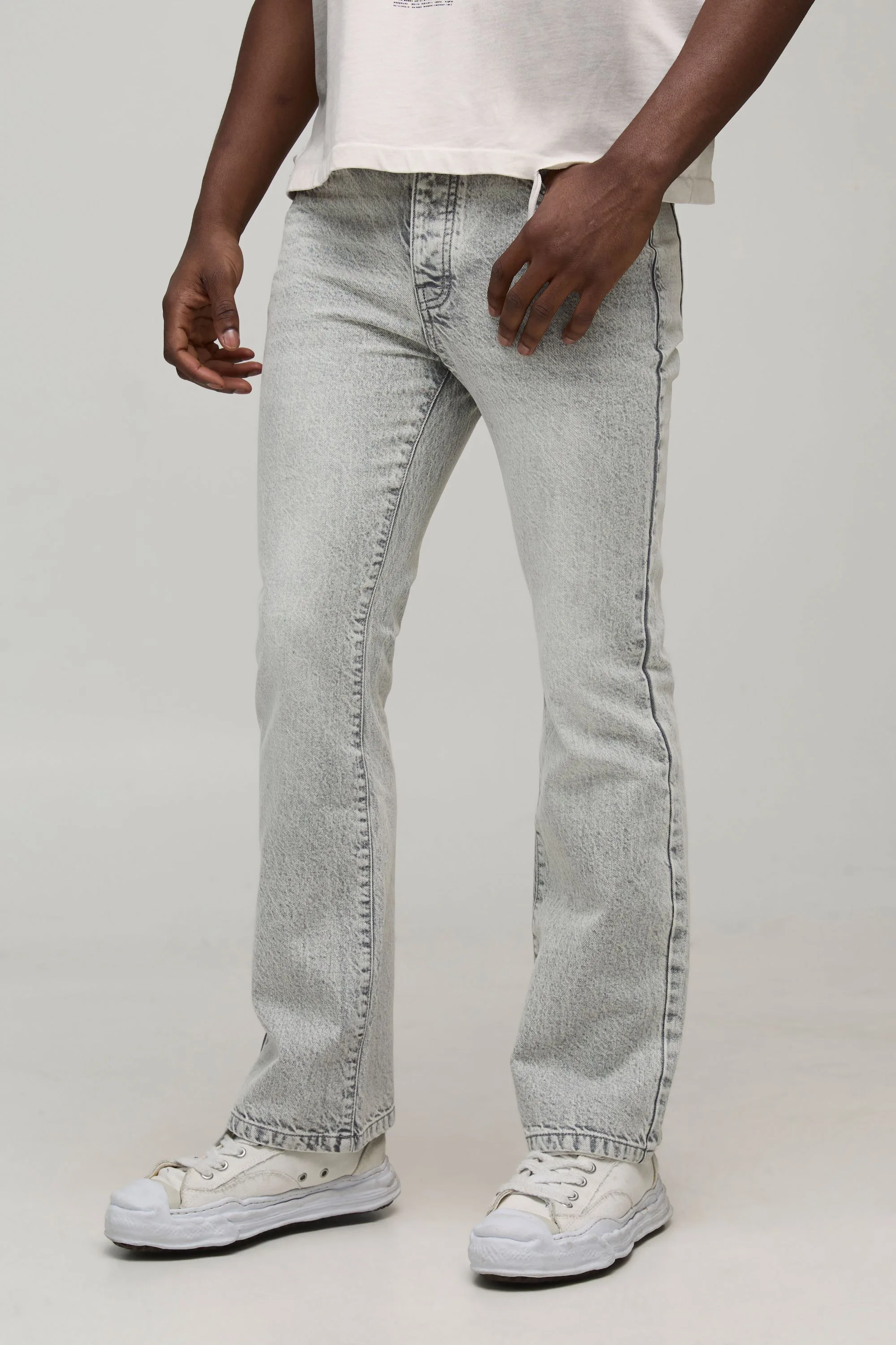 Mens Basic Flared Fit Jeans - Grey Cotton - Size 32r - boohooMAN - FashionsVida