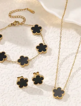 Conjunto de joyería de collar, pulsera y aretes con colgante de flor de 5 pétalos de acero inoxidable, accesorios de moda versátiles, mejor regalo - Shein - FashionsVida
