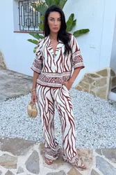 Women's Cream & Brown Abstract Print Wide Leg Trousers Size: 8 - Cream - Size: 8