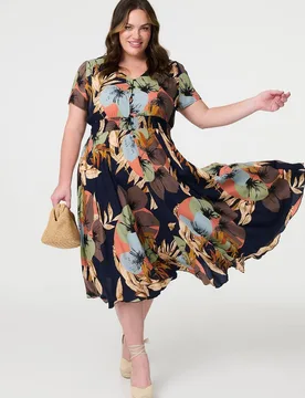 Women's Floral Print Short Sleeve Midi Dress in Blue Size: 10 - Blue - Size: 10 - Izabel London - FashionsVida