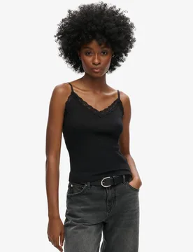 Superdry Damen Geripptes Vintage Trägertop aus Bio-baumwolle mit Spitzenbesatz Schwarz - Größe: XS/S - 26.99 - FashionsVida