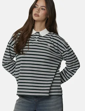 Womens Green Striped Monogram Long Sleeve Polo - Size X-Large - Good For Nothing - FashionsVida