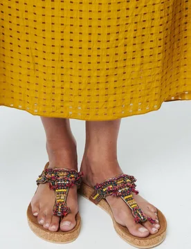 Women's Beaded Detail Faux Leather Sandals in Tan Size: 6-Standard Fit - Tan - Size: 6-Standard Fit - Izabel London - FashionsVida