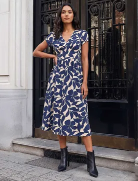 Leaf Print V-Neck Midi Skater Dress Navy Mix female - Roman - FashionsVida