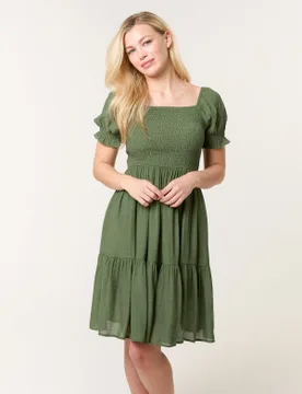 Shirred Puff Sleeve Mini Dress - M / KHAKI - female - Blue Vanilla - FashionsVida