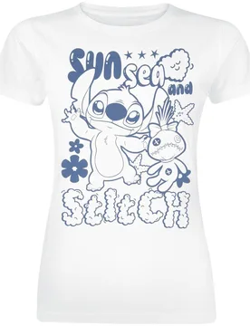 Disney T-Shirt - Sun Sea And Stitch - S bis XXL - für Damen - Größe XL - weiß - Lizenzierter Fanartikel - Frauen - female - Lilo & Stitch - FashionsVida