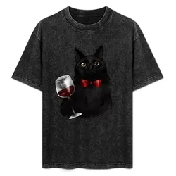 Wine Cat T-Shirt Basic Crew Neck Short Sleeve Top
