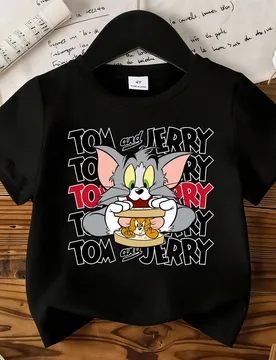 Camiseta de manga corta con cuello redondo y estampado de dibujos animados para niños, color negro, adecuada para la escuela, salidas y uso en casa d - Shein - FashionsVida