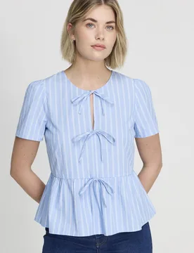 Women's Bridie Stripe Cotton Tie Front Top in Baby Blue Size: 14 - Baby Blue - Size: 14 - Finery London - FashionsVida