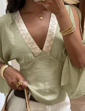 Blusa de mujer de otoño verde salvia vintage elegante artística con cuello en V y mangas acampanadas, adecuada para vacaciones, viajes, festivales d - Shein - FashionsVida