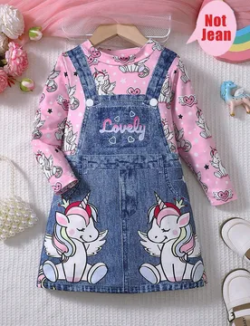 Vestido casual de manga larga de punto con cuello redondo y estampado gráfico de unicornio para niñas, conjunto ligero de regalo para fiestas de pri - Shein - FashionsVida
