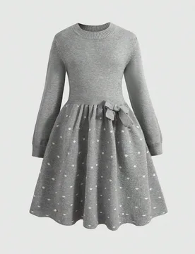 Vestido de punto gris con lunares jacquard, lazo decorativo, cuello redondo, manga larga y cintura ceñida, estilo casual elegante, ropa de otoño e i - Shein - FashionsVida