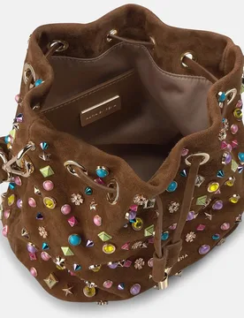 Bolso de mano estilo bombonera de piel con tachuelas multicolor y correa bandolera ajustable - Alma en Pena - FashionsVida