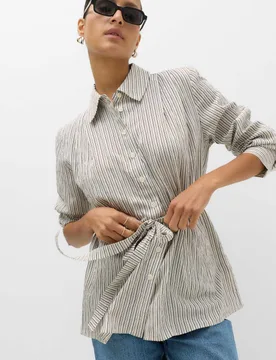 Striped Tie Waist Detail Shirt Blue Mix female - M&S - FashionsVida