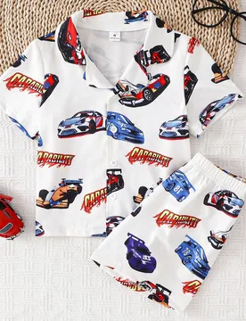 Blanco, Verano, Conjunto de Pijama a Juego para Niños Pequeños, Top de Punto de Manga Corta con Estampado de Coche de Dibujos Animados & Números co - Shein - FashionsVida