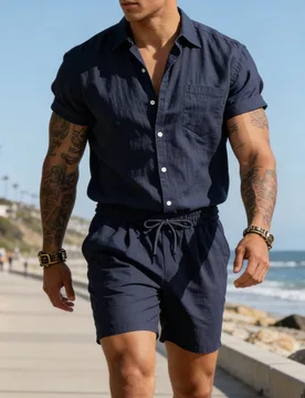 Conjunto de 2 piezas de camisa de lino casual de manga corta y pantalones cortos de verano para playa para hombre - Regalo perfecto para el Día del P - Shein - FashionsVida