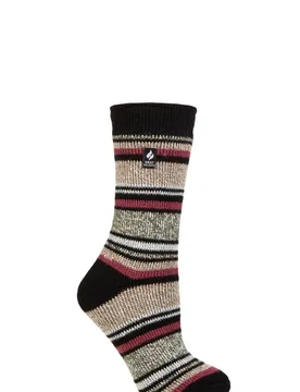 Women's 1 Pair SOCKSHOP 2.3 TOG Patterned Thermal Socks Geneva Multi Stripe Black Oat 4-8 - Cream - Size: Small - Heat Holders - FashionsVida