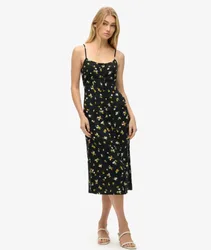 Superdry Damen Bedrucktes Midi-trägerkleid mit Knopfleiste Schwarz - Größe: 36