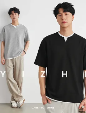 Men's Small V Neck Contrast Binding Fake Two-Piece T-Shirt Summer Loose Henley Neck Breathable Casual Versatile Short Sleeve Top - Aliexpress - FashionsVida