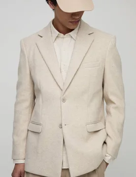 Herren Relaxed Fit Melton Einreihiger Blazer Ecru Größe 40 - boohooMAN - FashionsVida
