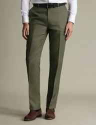 Slim Fit Pure Linen Flat Front Trousers Olive male