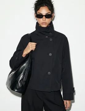Womens Short Mandarin Collar Trench Coat - Black - Size Large - Bianco Lucci - FashionsVida