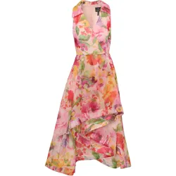 Vestido floral con cuello y escote en uve