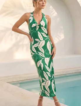 Women's Floral Print Satin Bias Cut Bodycon Dress in Green Size: 14 - Green - Size: 14 - Roman - FashionsVida