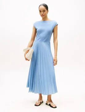 Vestido midi de manga corta y falda plisada - Tommy Hilfiger - FashionsVida