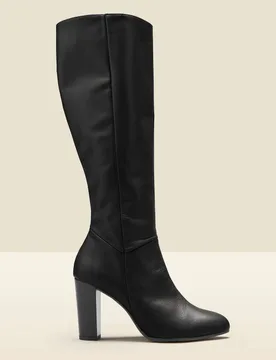 Leather Block Heel Knee High Boots Black female - Sosandar - FashionsVida