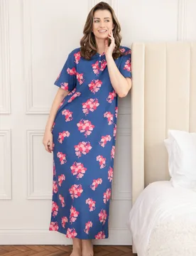 Women's 100% Cotton Classic Full Length Short Sleeved Nightdress in Navy Size: 22-24 - Navy - Size: 22-24 - Camille - FashionsVida