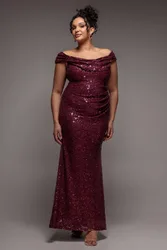 Women's Cap Sleeve Iridescent Sequin Cowl Maxi Dress in Burgundy Size: 24 - Burgundy - Size: 24