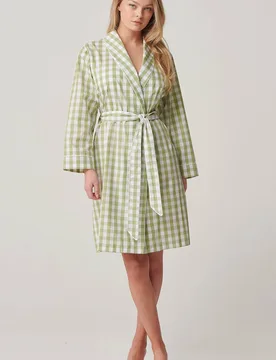 Women's "Field Green" Gingham Crisp Cotton Mid-Length Dressing Gown in Light Green Size: XL - Light Green - Size: XL - British Boxers - FashionsVida