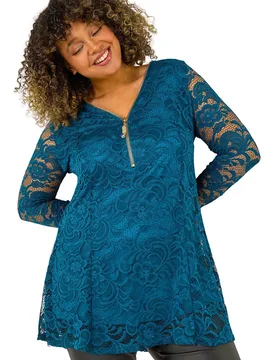 Womens Curve Zip Front Lace Stretch Top - Teal - Size 20 Uk - Roman - FashionsVida