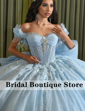 Blue Quinceanera Dress Glitter Crystal Beads Flower Decal Long tail off-shoulderTull Bow Vestidos De 15 Quinceanera ﻿Customize - Aliexpress - FashionsVida